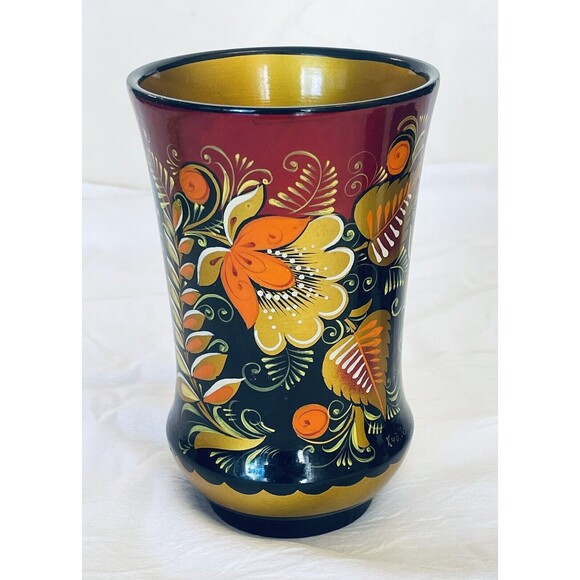 VTG Khokhloma Russian Handpainted Wooden Lacquer Set Pitcher & 6 Cups Signed EUC - Picture 3 of 14
